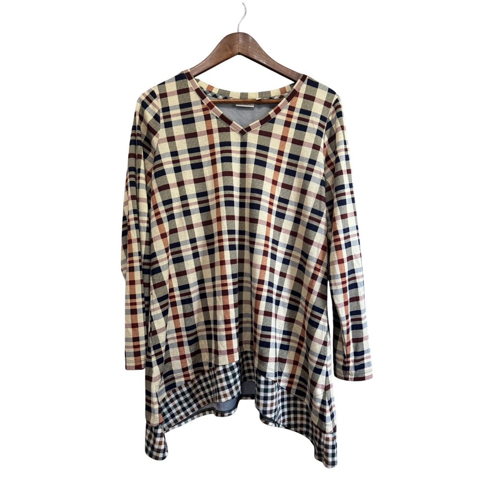 LOGO Lori Goldstein Tunic Top Women L Multi-Color Excellent Plaid Sharkbite Hem‎